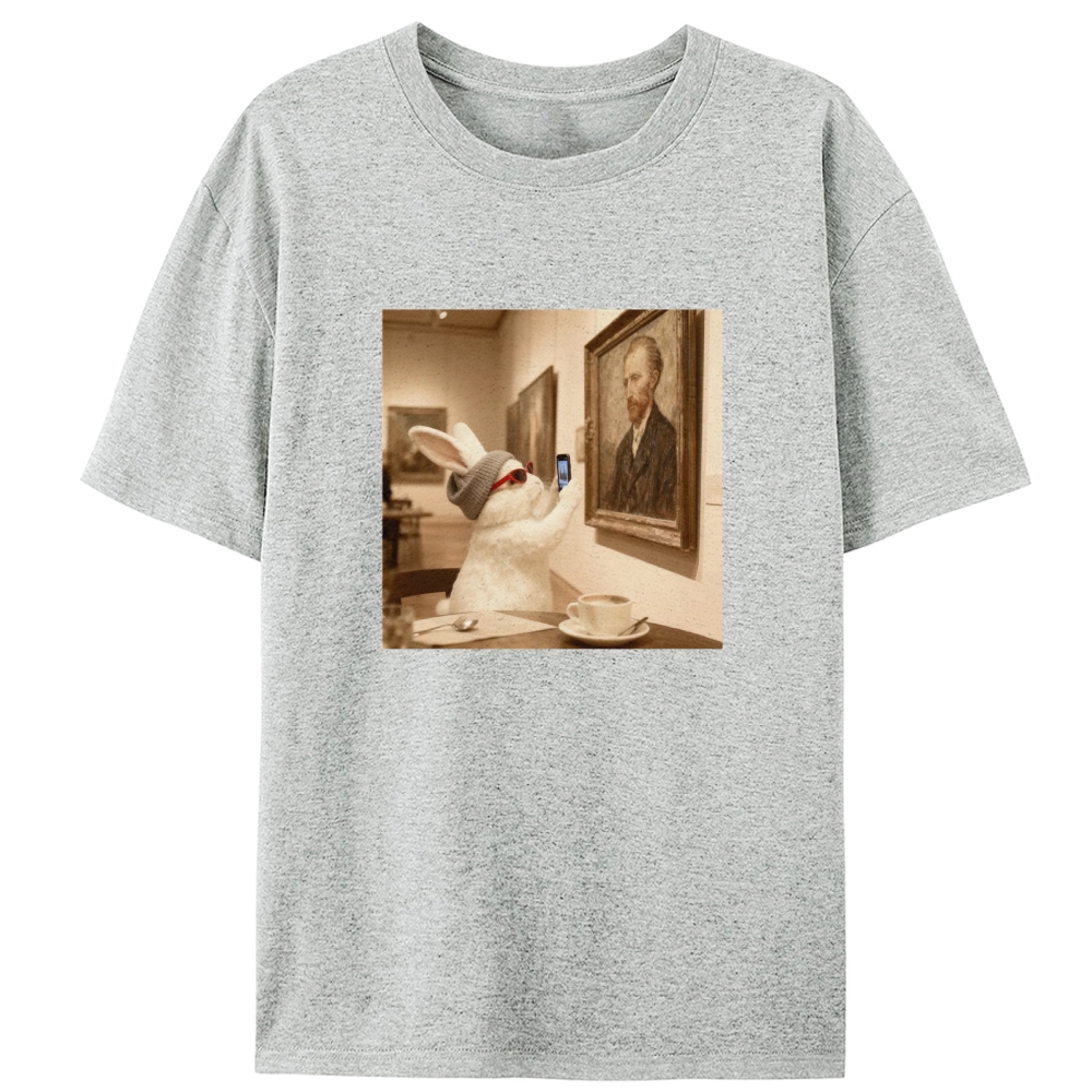 Art Bunny Taking Selfie With Van Gogh Meme Retro Designed for Women - Slim Fit Cotton Tee