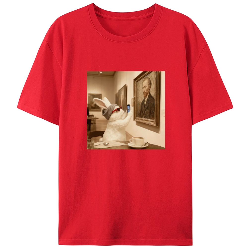 Art Bunny Taking Selfie With Van Gogh Meme Retro Designed for Women - Slim Fit Cotton Tee