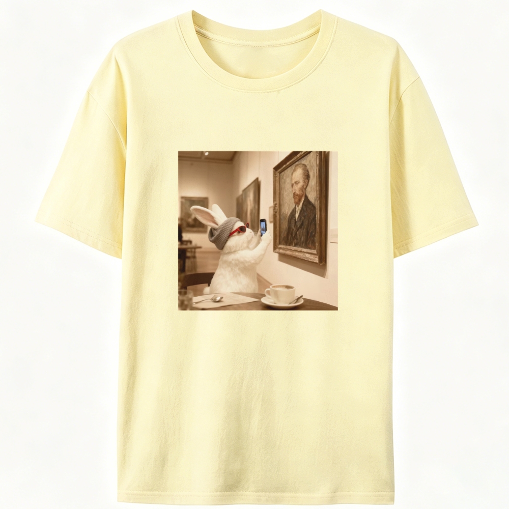 Art Bunny Taking Selfie With Van Gogh Meme Retro Designed for Women - Slim Fit Cotton Tee
