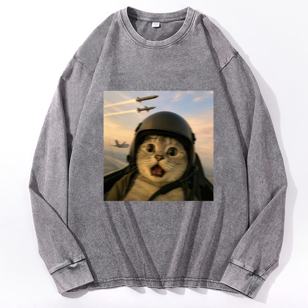 Fighter Jet Cat Pilot Meme Retro Washed Long Sleeve T-Shirt