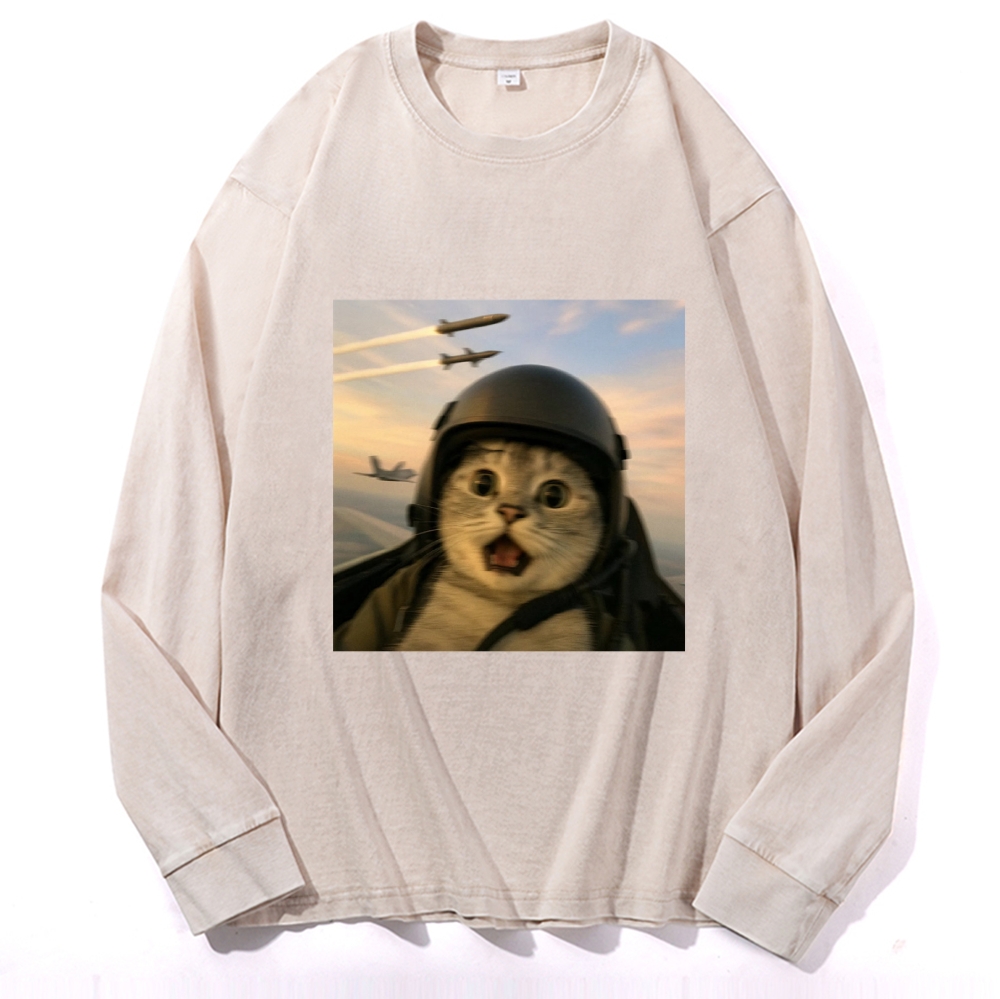 Fighter Jet Cat Pilot Meme Retro Washed Long Sleeve T-Shirt