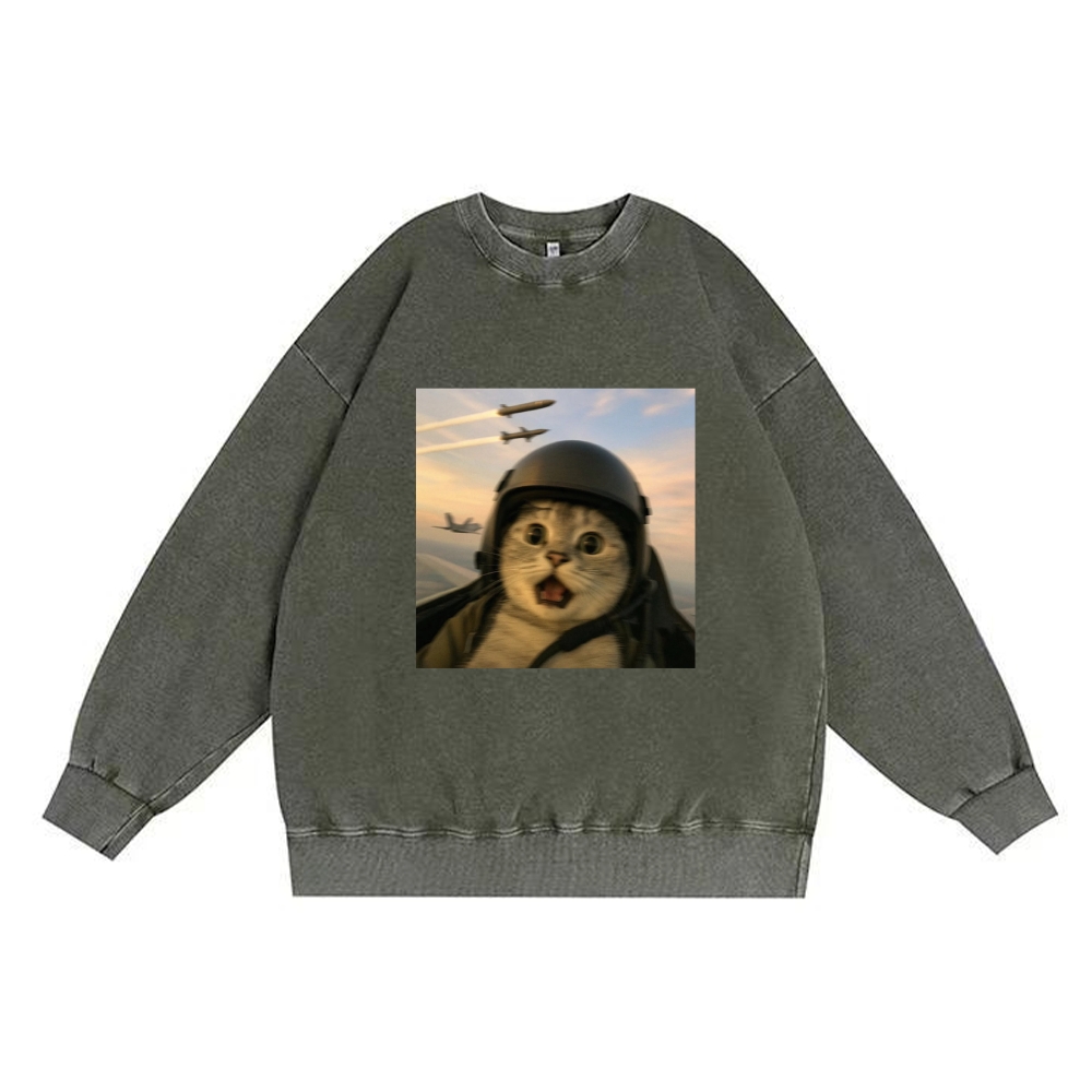 Fighter Jet Cat Pilot Meme Retro Premium Washed Cotton Crewneck Sweatshirt