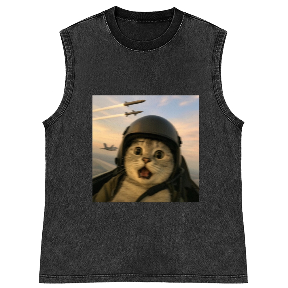 Fighter Jet Cat Pilot Meme Retro Washed Tank Top