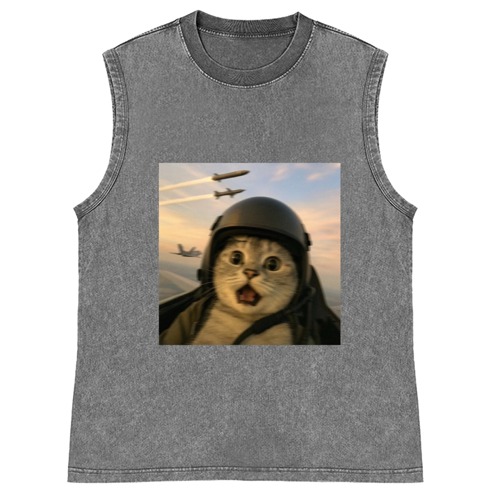 Fighter Jet Cat Pilot Meme Retro Washed Tank Top