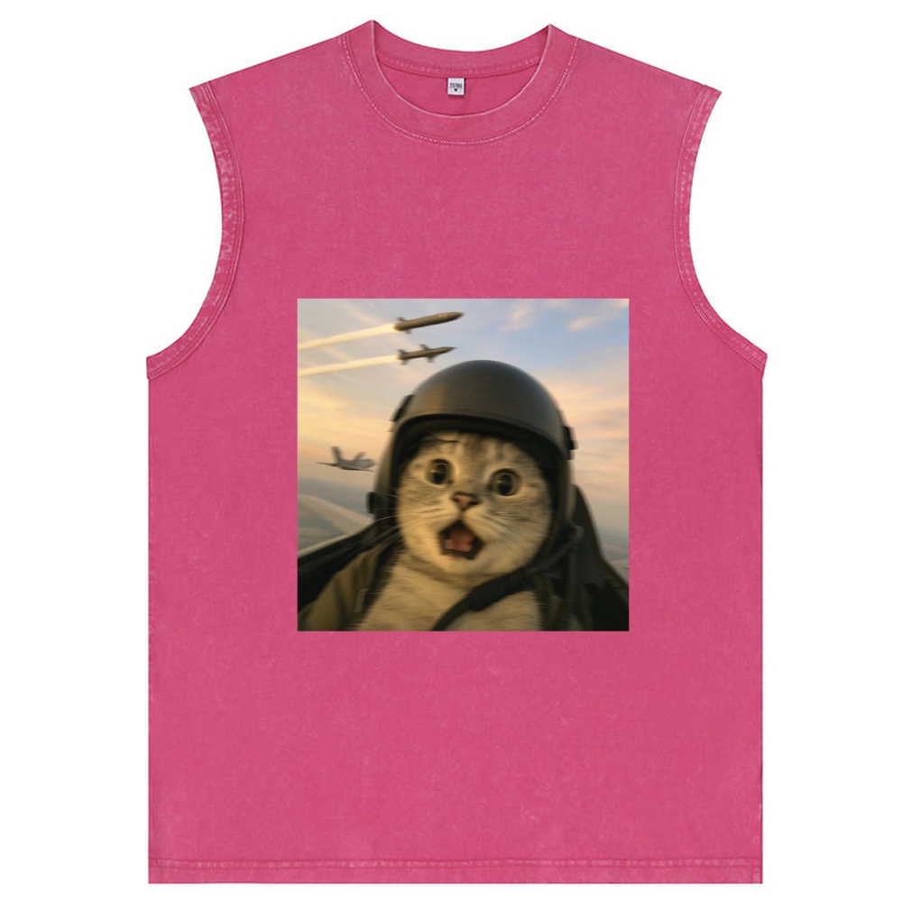 Fighter Jet Cat Pilot Meme Retro Washed Tank Top