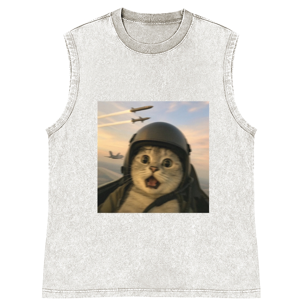 Fighter Jet Cat Pilot Meme Retro Washed Tank Top