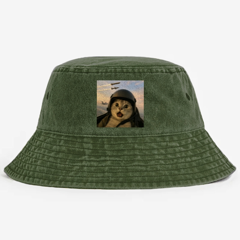 Fighter Jet Cat Pilot Meme Retro Washed Bucket Hat
