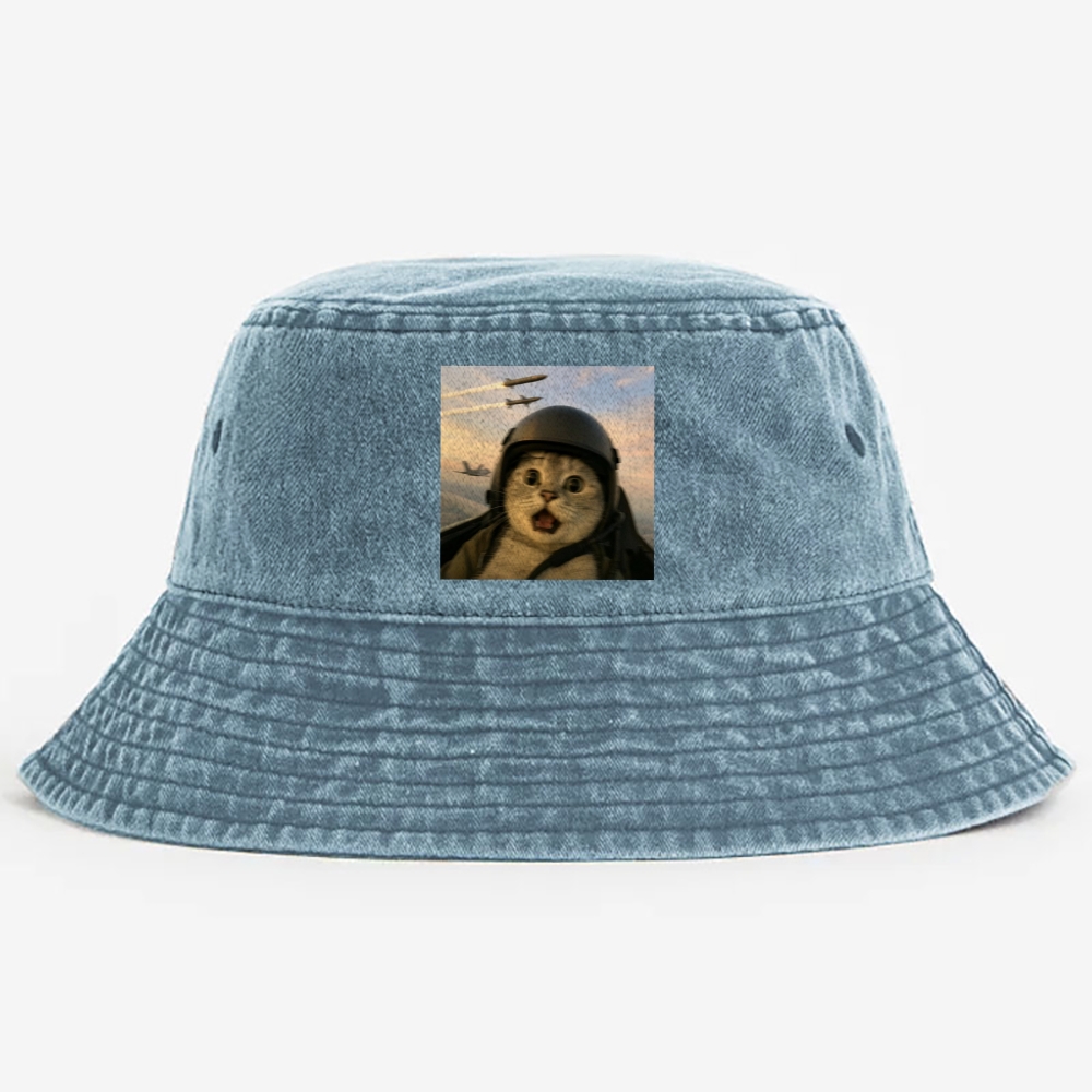 Fighter Jet Cat Pilot Meme Retro Washed Bucket Hat