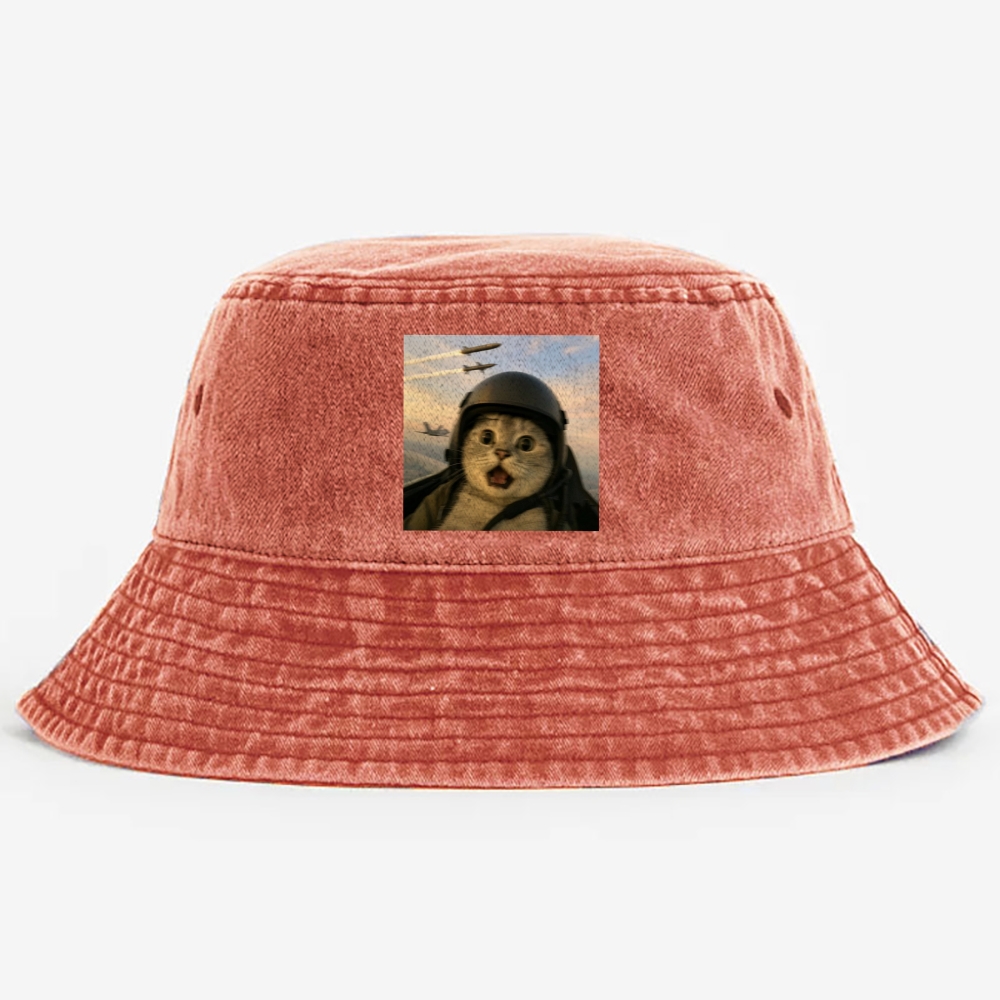 Fighter Jet Cat Pilot Meme Retro Washed Bucket Hat