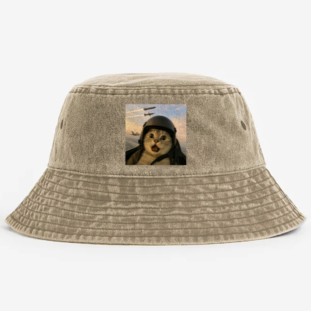Fighter Jet Cat Pilot Meme Retro Washed Bucket Hat