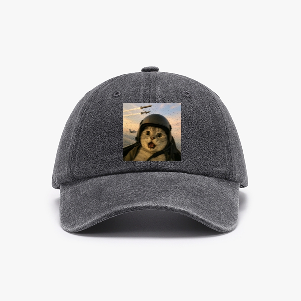 Fighter Jet Cat Pilot Meme Retro Washed Baseball Cap