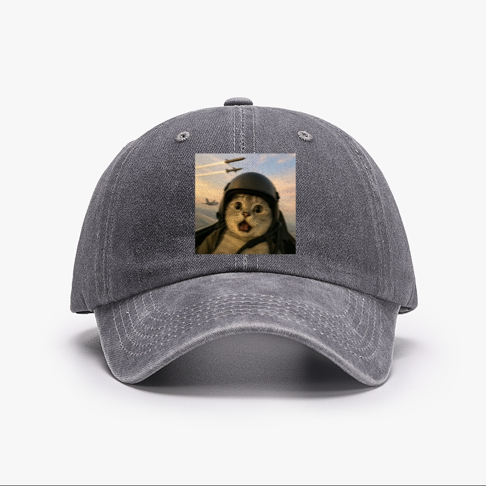 Fighter Jet Cat Pilot Meme Retro Washed Baseball Cap