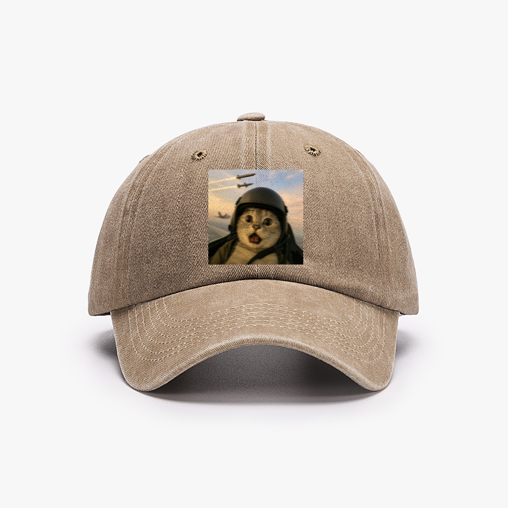 Fighter Jet Cat Pilot Meme Retro Washed Baseball Cap