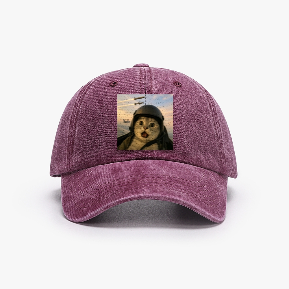 Fighter Jet Cat Pilot Meme Retro Washed Baseball Cap