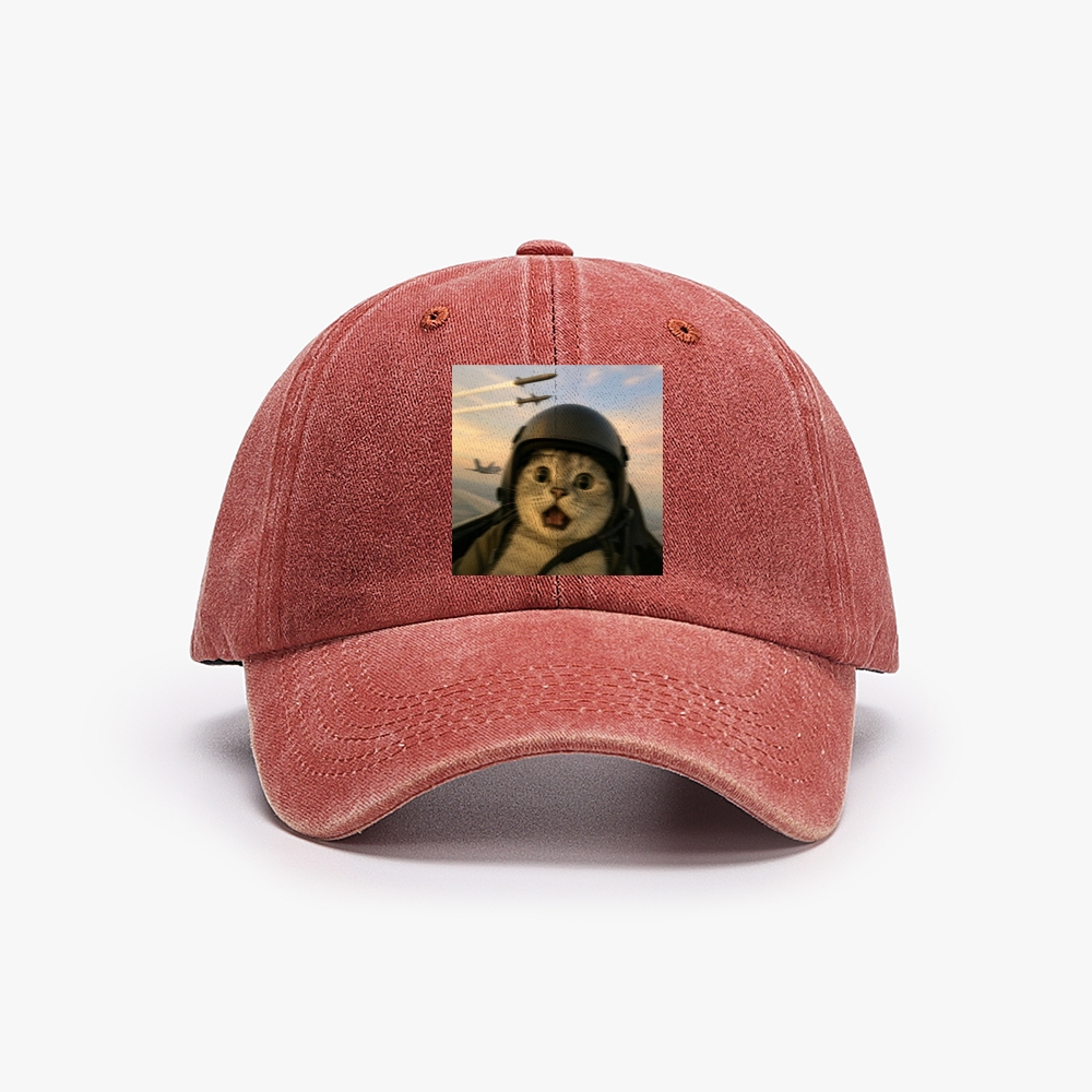 Fighter Jet Cat Pilot Meme Retro Washed Baseball Cap
