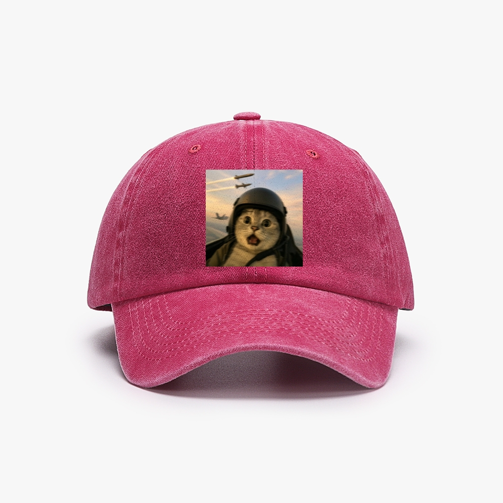 Fighter Jet Cat Pilot Meme Retro Washed Baseball Cap