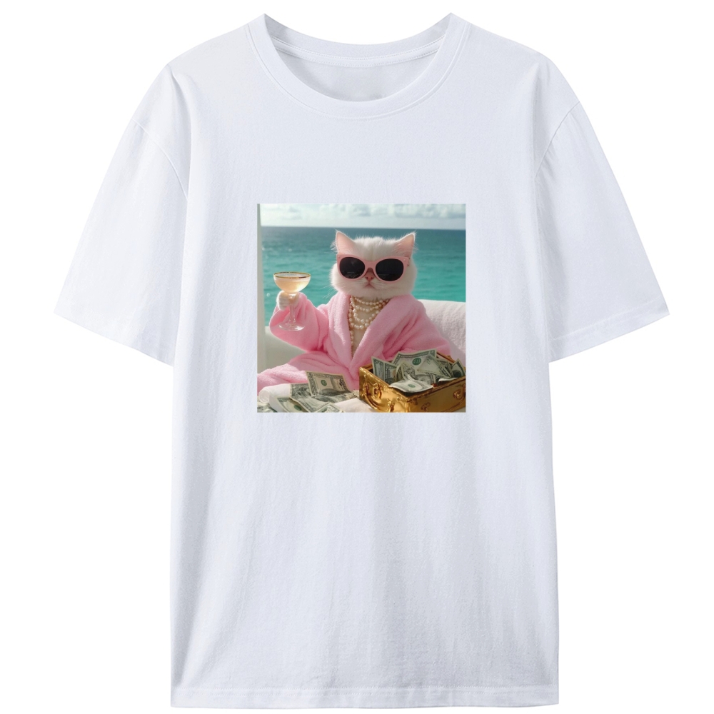 Rich Cat In Pink Robe With Champagne Money Meme Retro Designed for Women - Slim Fit Cotton Tee