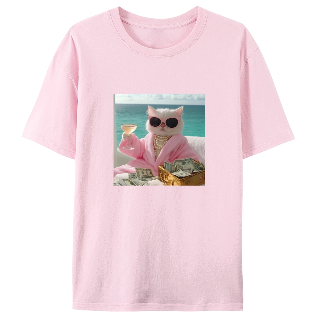 Rich Cat In Pink Robe With Champagne Money Meme Retro Designed for Women - Slim Fit Cotton Tee
