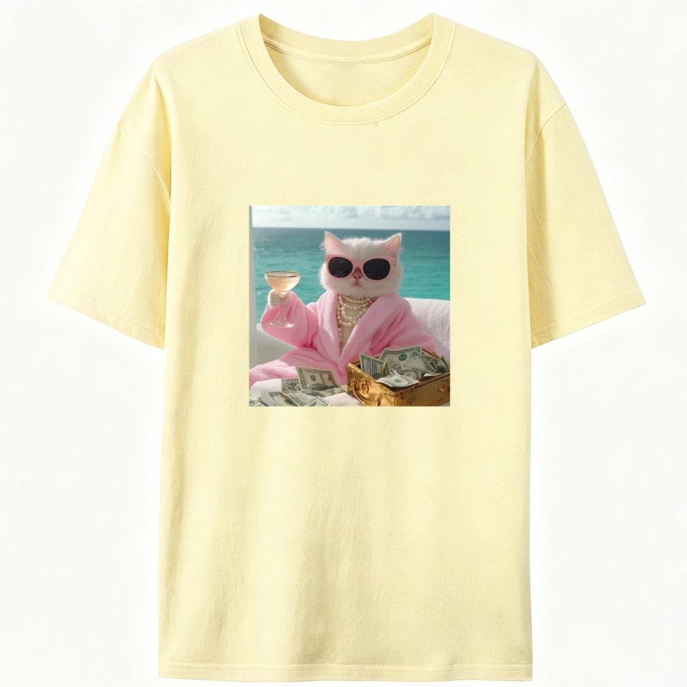 Rich Cat In Pink Robe With Champagne Money Meme Retro Designed for Women - Slim Fit Cotton Tee