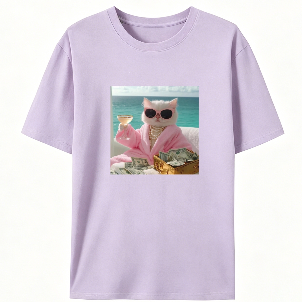 Rich Cat In Pink Robe With Champagne Money Meme Retro Designed for Women - Slim Fit Cotton Tee