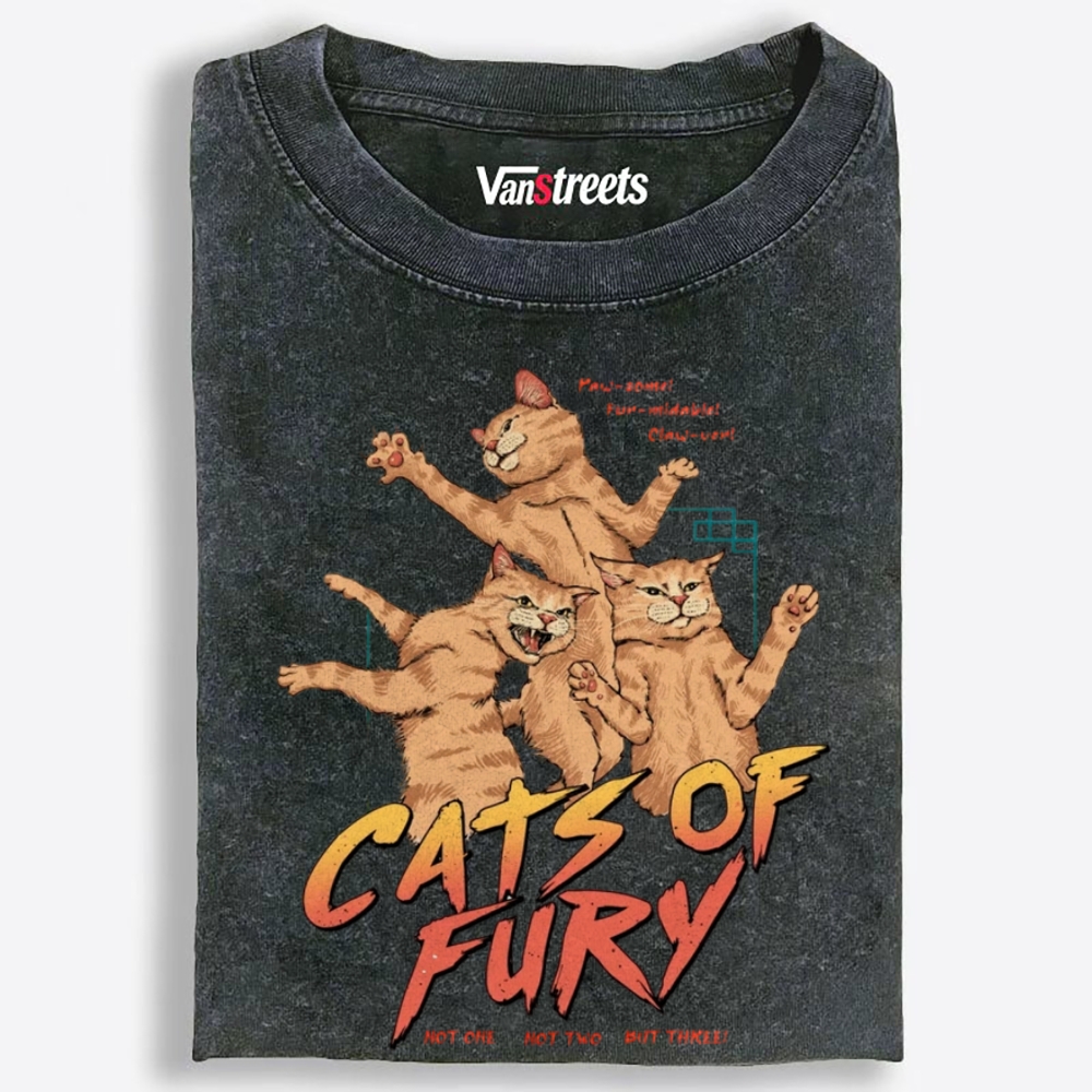 Cats of Fury Retro Washed T-Shirt | 100% Cotton | Streetwear Essential