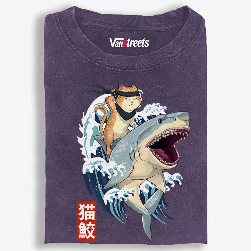 Ninja Cat Riding Shark Retro Washed T-Shirt | 100% Cotton | Streetwear Essential