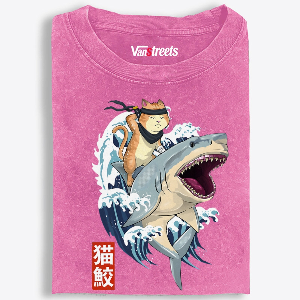 Ninja Cat Riding Shark Retro Washed T-Shirt | 100% Cotton | Streetwear Essential