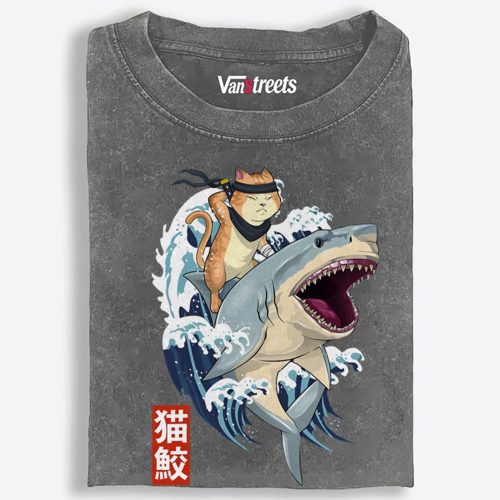 Ninja Cat Riding Shark Retro Washed T-Shirt | 100% Cotton | Streetwear Essential