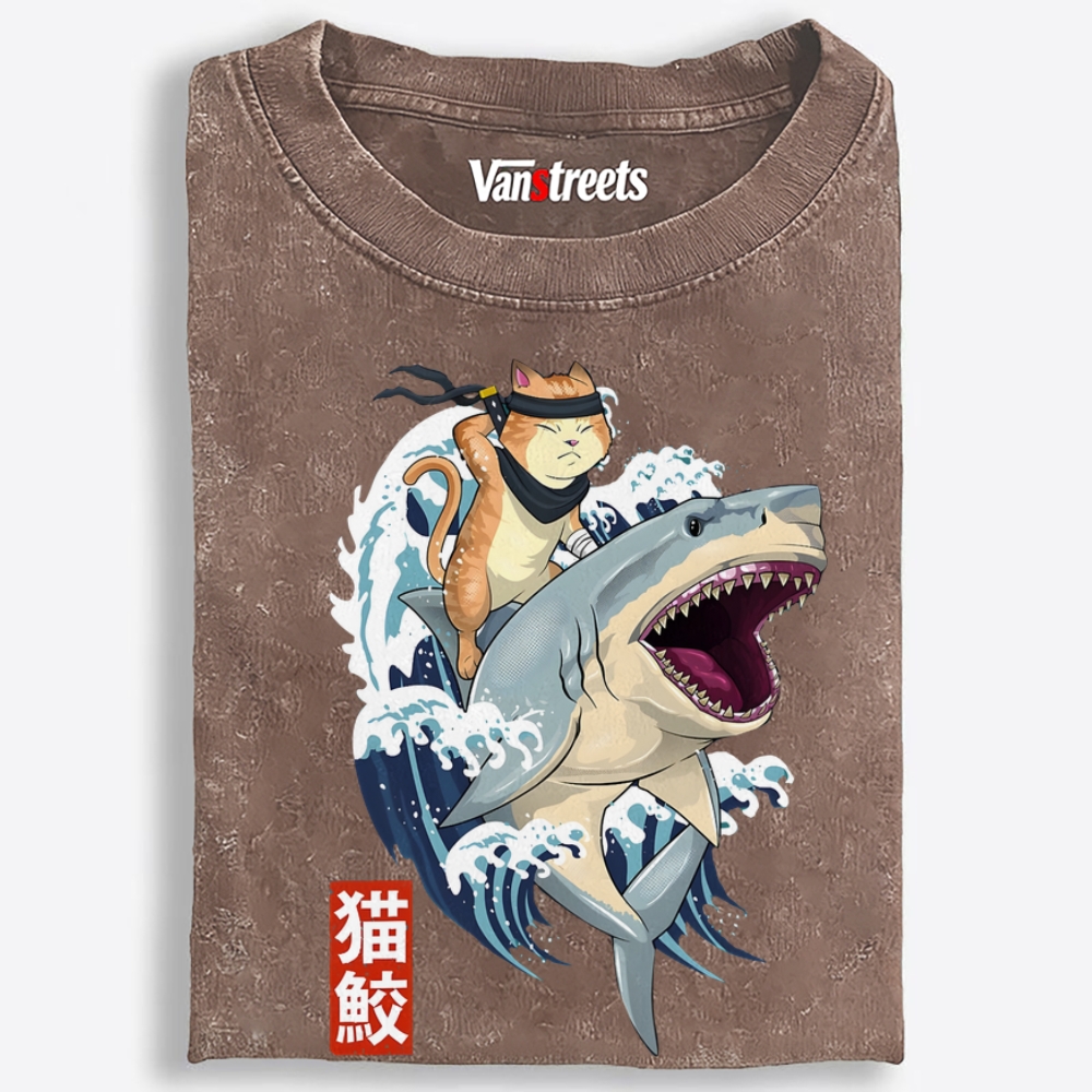 Ninja Cat Riding Shark Retro Washed T-Shirt | 100% Cotton | Streetwear Essential