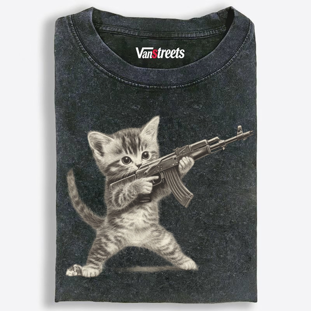 Kitten With AK-47 Retro Washed T-Shirt | 100% Cotton | Streetwear Essential