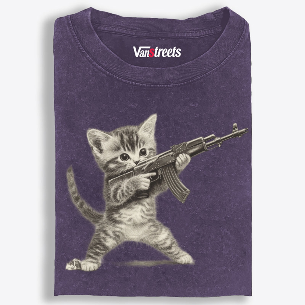 Kitten With AK-47 Retro Washed T-Shirt | 100% Cotton | Streetwear Essential