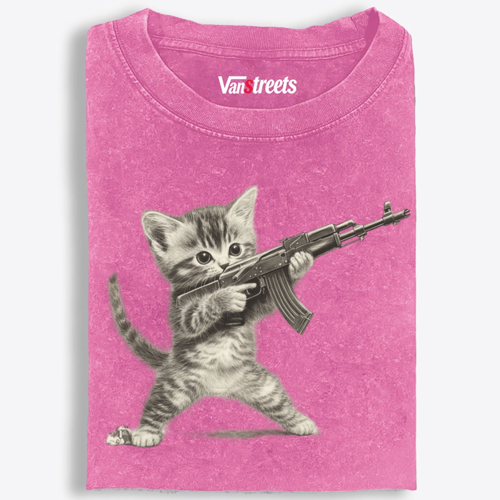 Kitten With AK-47 Retro Washed T-Shirt | 100% Cotton | Streetwear Essential