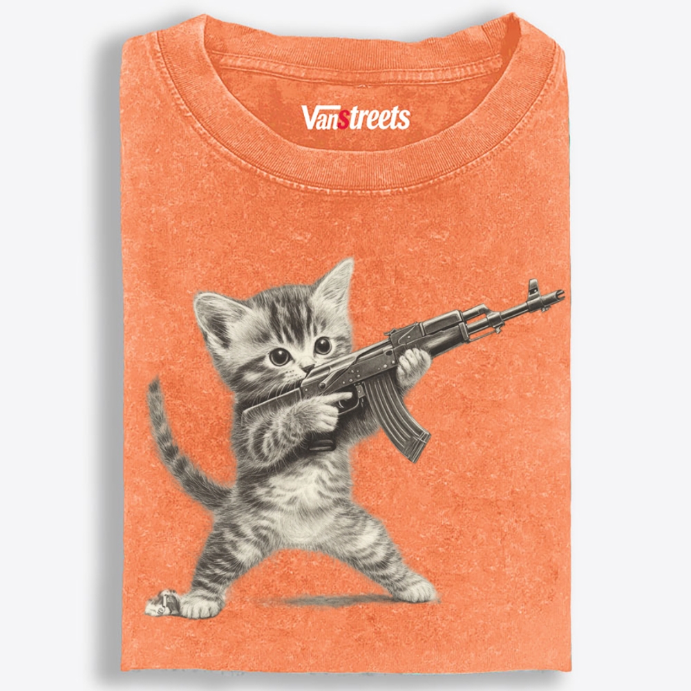 Kitten With AK-47 Retro Washed T-Shirt | 100% Cotton | Streetwear Essential