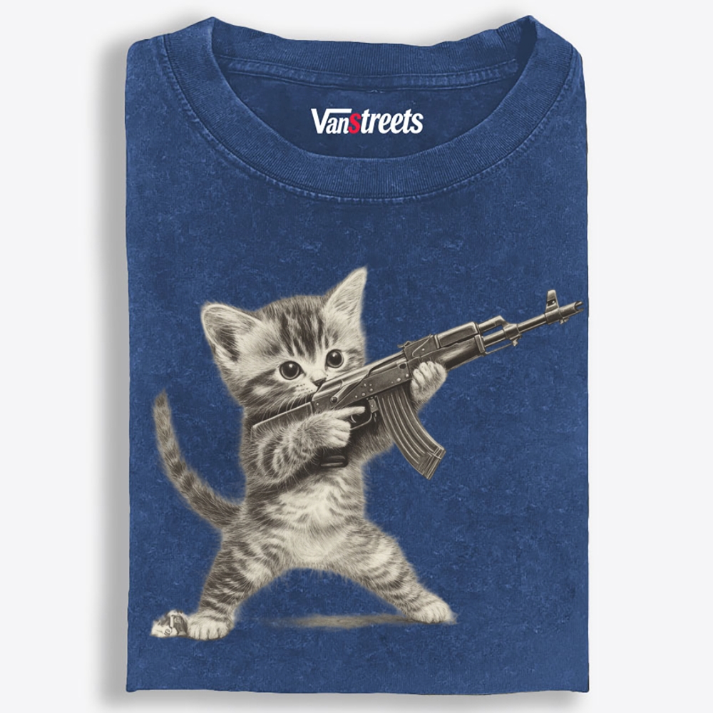 Kitten With AK-47 Retro Washed T-Shirt | 100% Cotton | Streetwear Essential