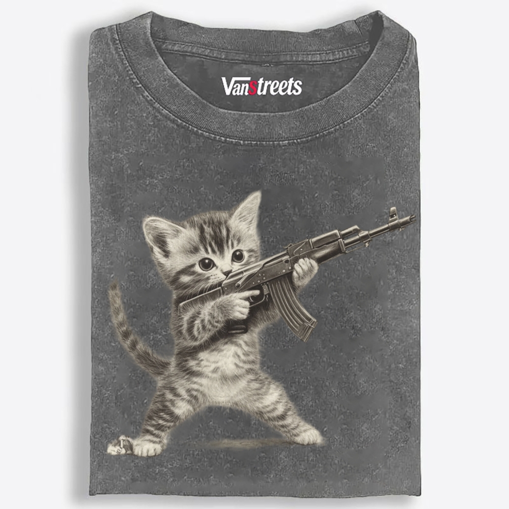 Kitten With AK-47 Retro Washed T-Shirt | 100% Cotton | Streetwear Essential