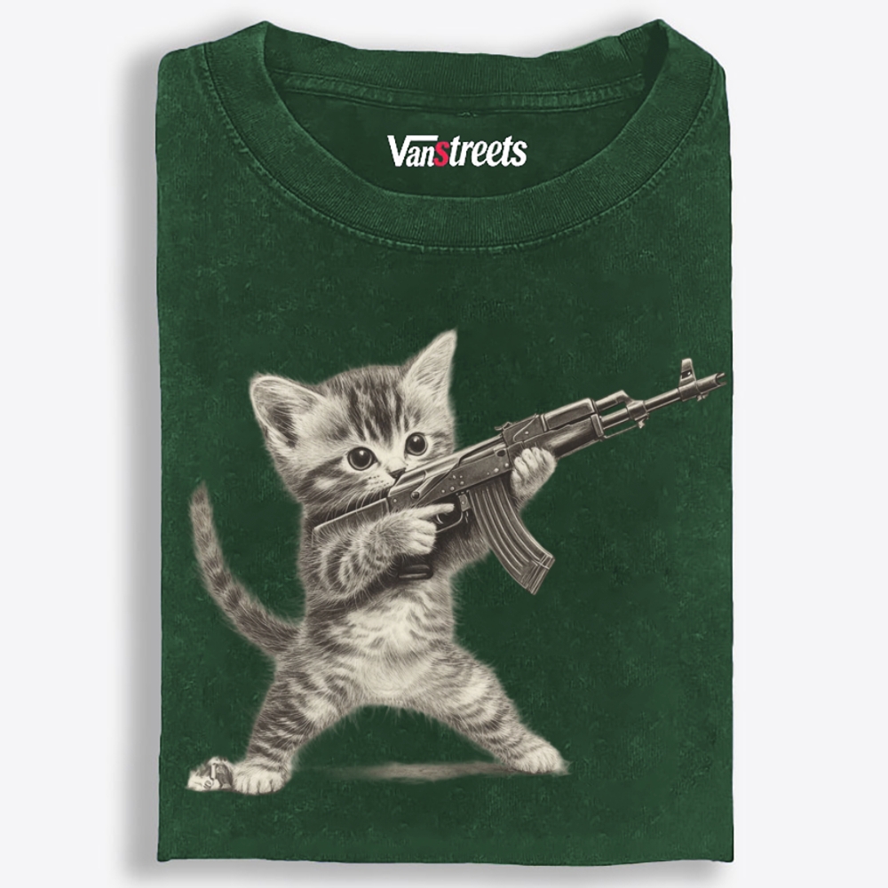 Kitten With AK-47 Retro Washed T-Shirt | 100% Cotton | Streetwear Essential