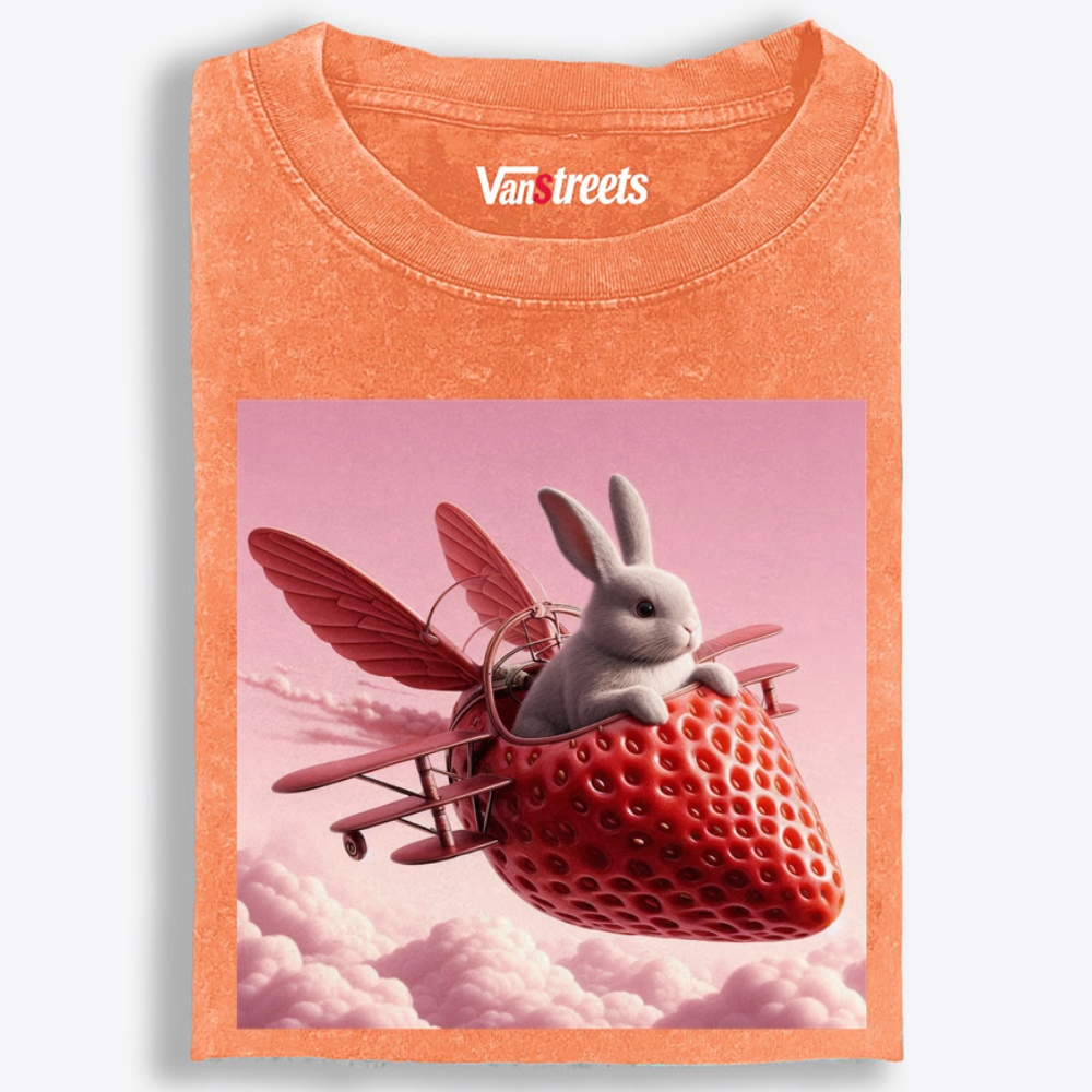 Strawberry Airplane Bunny Retro Washed T-Shirt | 100% Cotton | Streetwear Essential