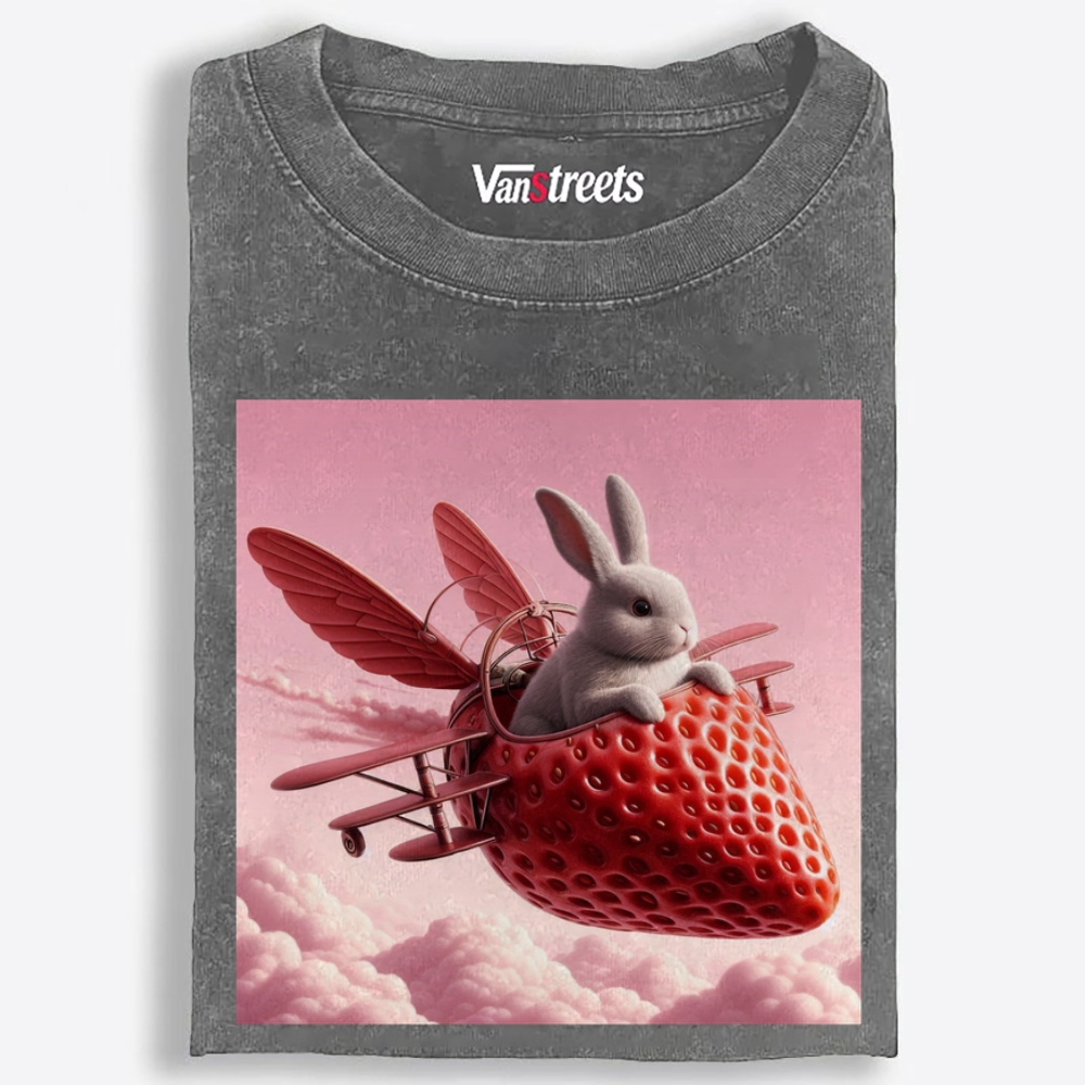 Strawberry Airplane Bunny Retro Washed T-Shirt | 100% Cotton | Streetwear Essential