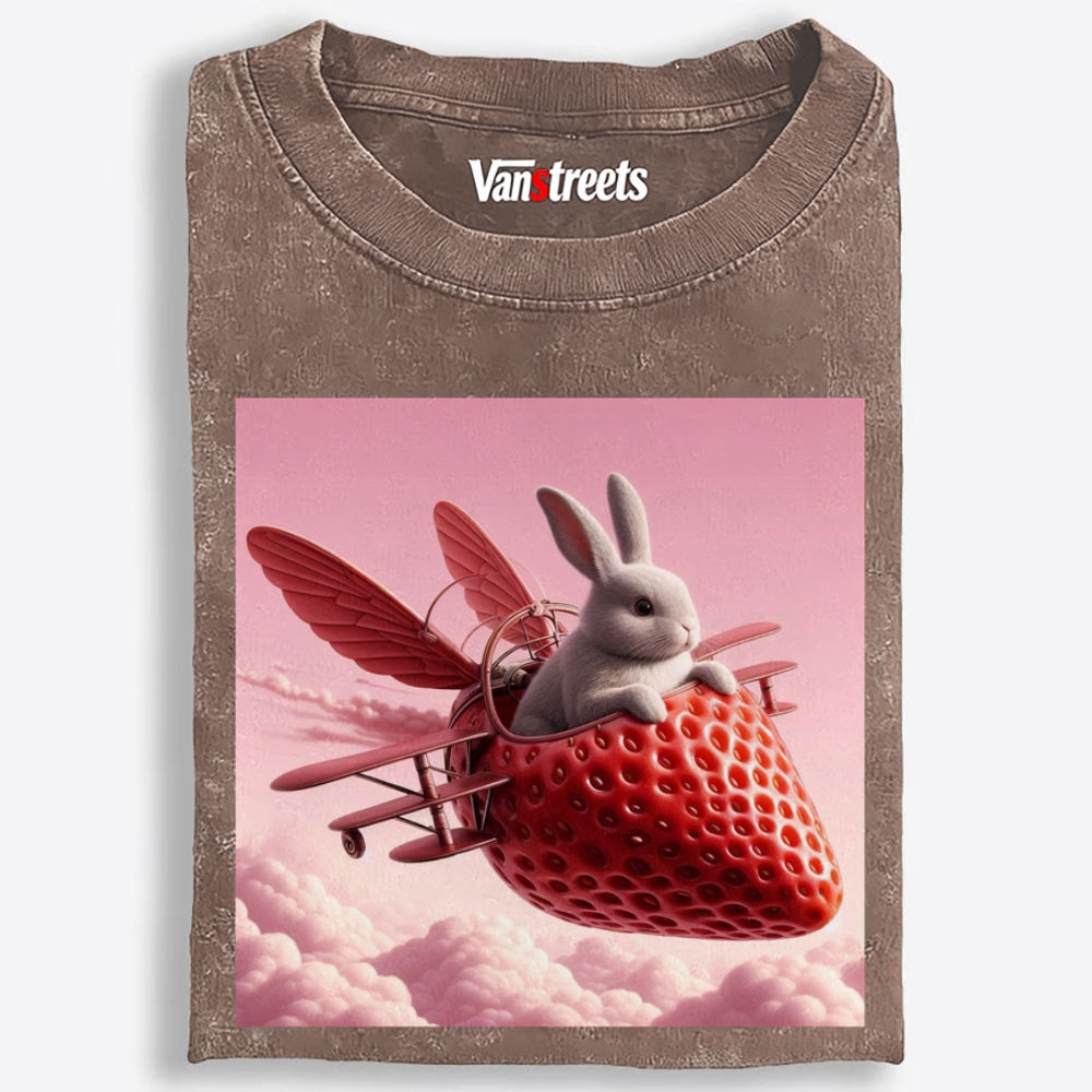 Strawberry Airplane Bunny Retro Washed T-Shirt | 100% Cotton | Streetwear Essential