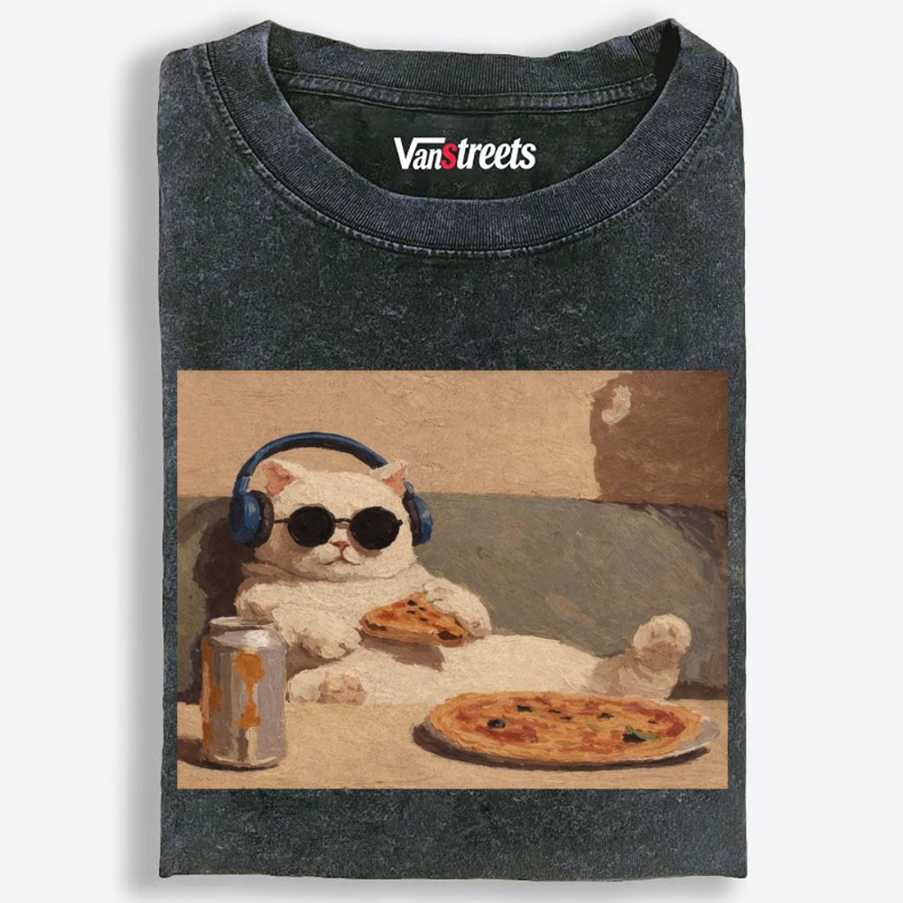 Chill Pizza Cat Retro Washed T-Shirt | 100% Cotton | Streetwear Essential