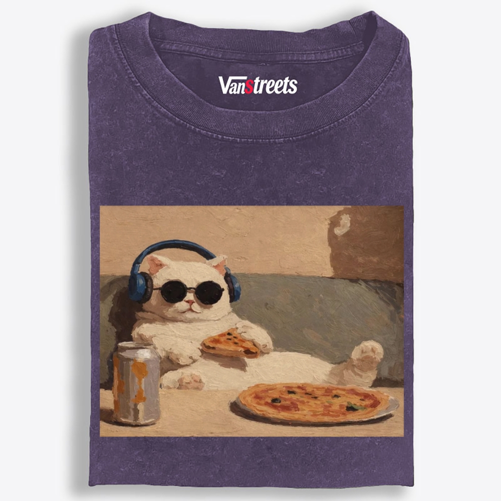 Chill Pizza Cat Retro Washed T-Shirt | 100% Cotton | Streetwear Essential