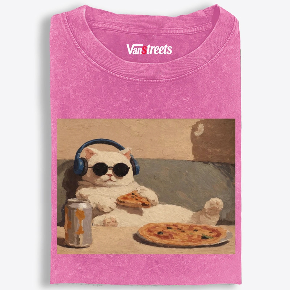 Chill Pizza Cat Retro Washed T-Shirt | 100% Cotton | Streetwear Essential