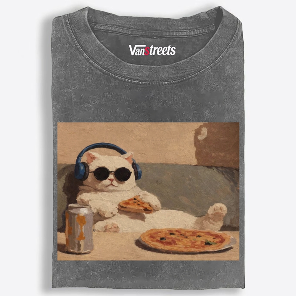 Chill Pizza Cat Retro Washed T-Shirt | 100% Cotton | Streetwear Essential