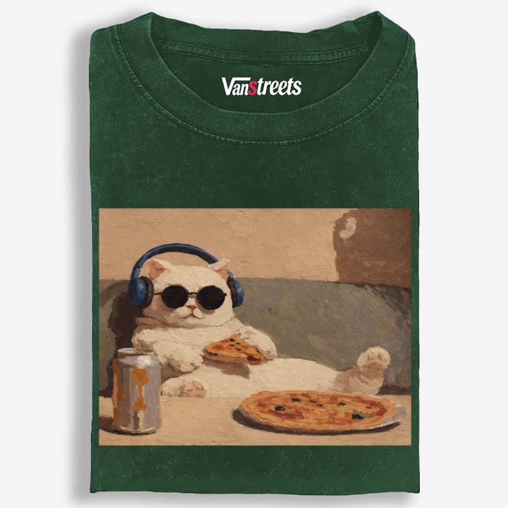 Chill Pizza Cat Retro Washed T-Shirt | 100% Cotton | Streetwear Essential