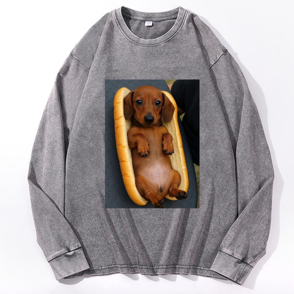 Hot Dog Dachshund Meme Retro Washed Long Sleeve T-Shirt