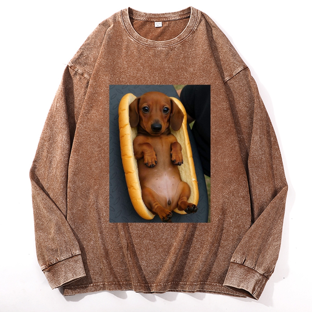 Hot Dog Dachshund Meme Retro Washed Long Sleeve T-Shirt