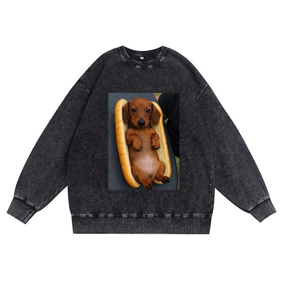 Hot Dog Dachshund Meme Retro Premium Washed Cotton Crewneck Sweatshirt