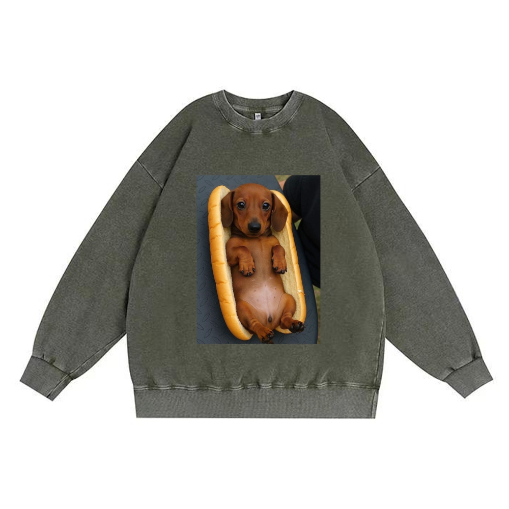 Hot Dog Dachshund Meme Retro Premium Washed Cotton Crewneck Sweatshirt