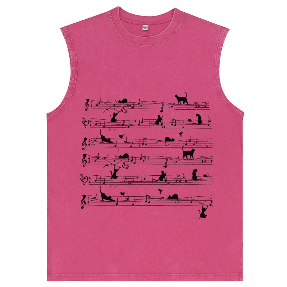 Cat Music Sheet Retro Washed Tank Top