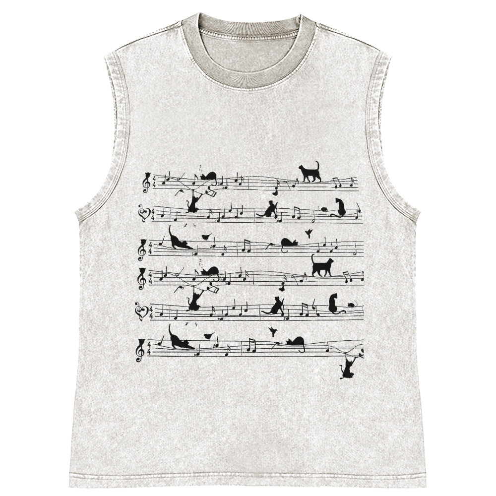 Cat Music Sheet Retro Washed Tank Top
